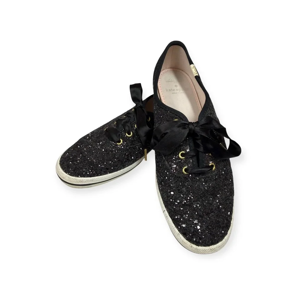 Keds x Kate Spade Black Glitter Champion Sneakers Satin‎ Laces Gold Trim 6.5